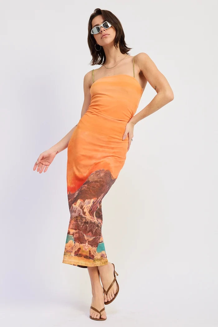 Sunset Printed Mesh Dress