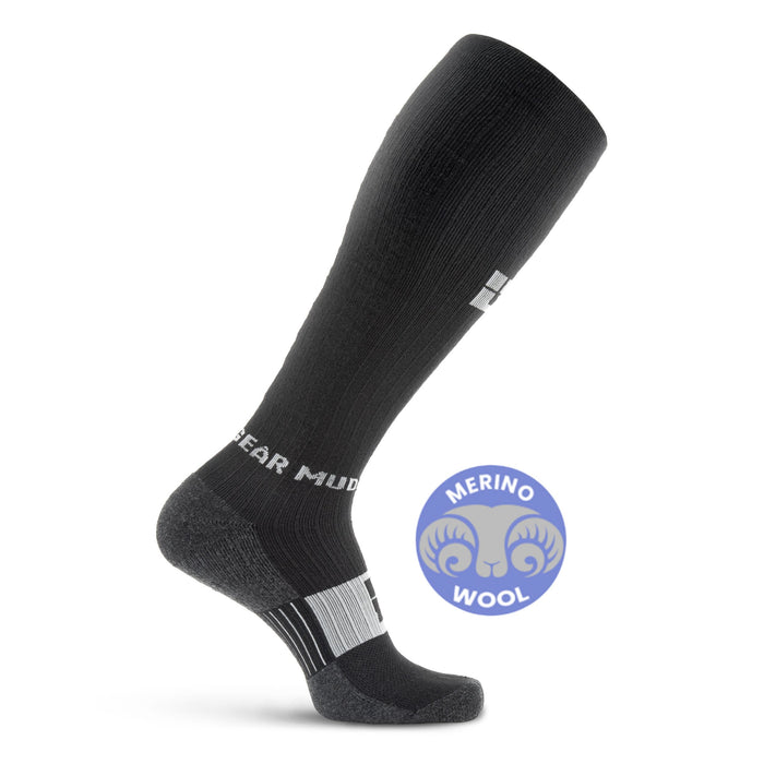 Black tall compression merino wool socks with gray heel, white stripe detail, displayed on white background