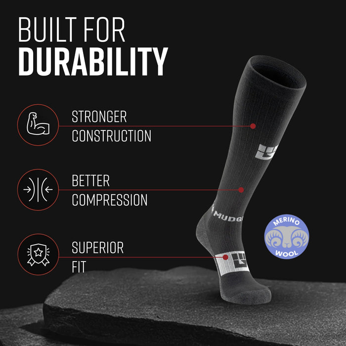 Tall black and gray compression merino wool sock displayed with durability features
