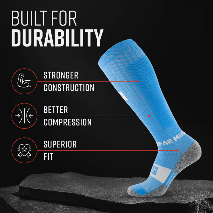 Neon blue tall compression sock with gray heel and toe, displayed on dark surface with durability features callout