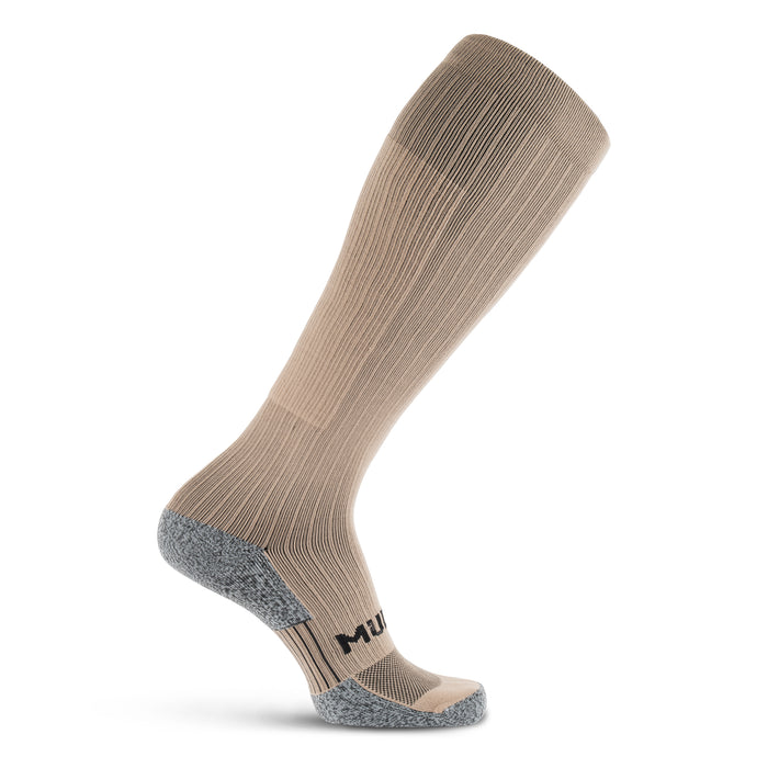 Tall compression sock in coyote tan with gray reinforced heel and toe, ribbed knit construction