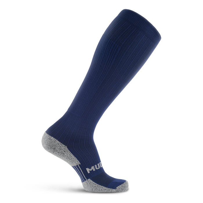 Tall compression sock in navy with gray heel and toe, displayed on white background