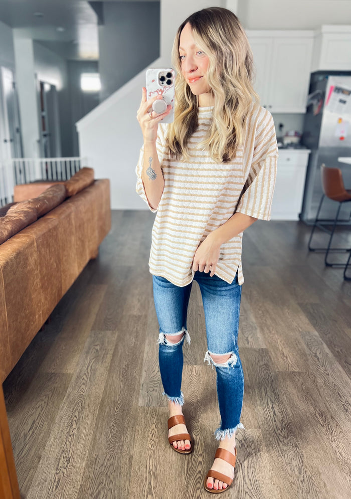 Textured Stripe Patchwork Detail Half Sleeve Top