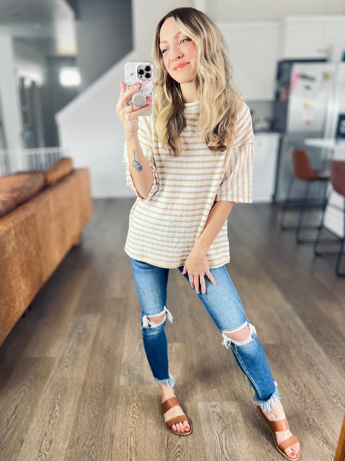 Textured Stripe Patchwork Detail Half Sleeve Top