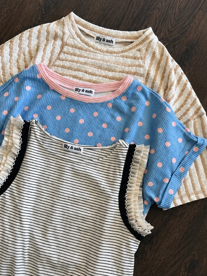 Textured Stripe Patchwork Detail Half Sleeve Top