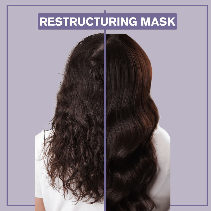 Before & After pictures showing hair of a person before and after she has used the Alcôve Hair Restructuring Mask 55ml