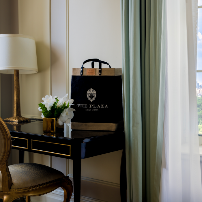 The Plaza Hotel market bag on a table