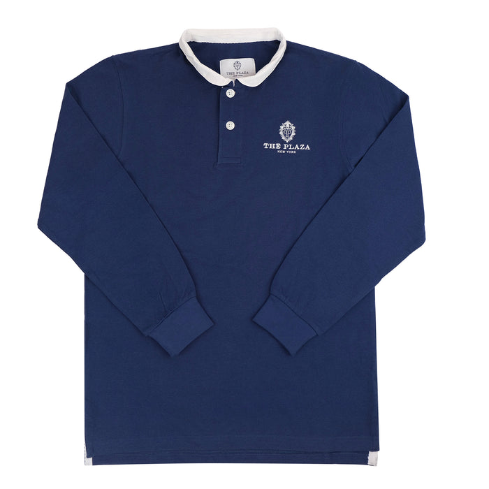 The Plaza Hotel long sleeve polo shirt front view on a white background