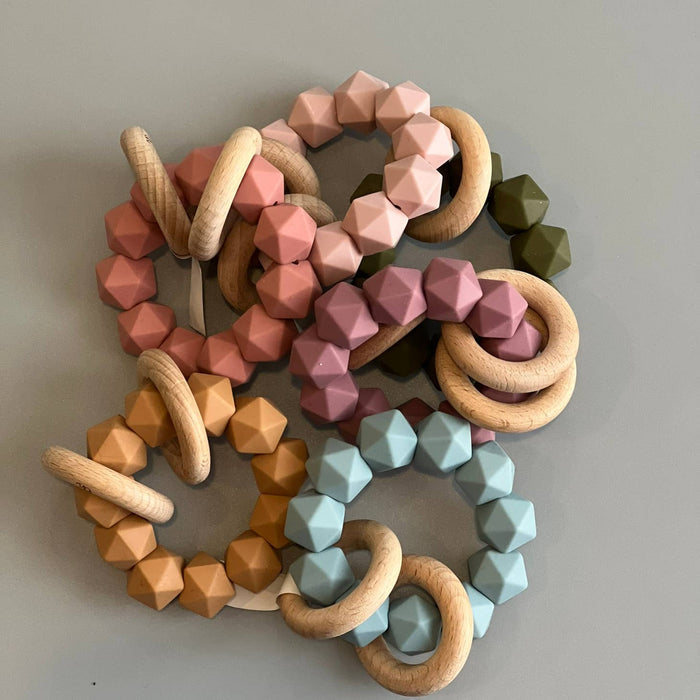 Three Hearts Abby Silicone & Beech Wood Rattle - Multiple Colors!