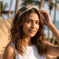Tropical knotted hair band with beaded palm trees, sequins and resort-inspired embroidery