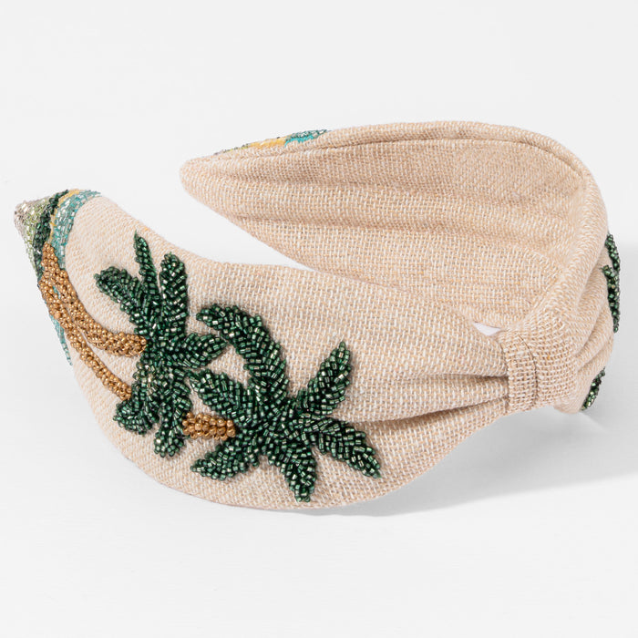 Vacation-ready tropical headband with beaded palms - resort-inspired beach hair accessory