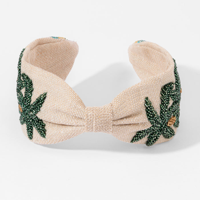 Knotted Tropical headband - hand-beaded emerald palms and gold sequins on beige linen base