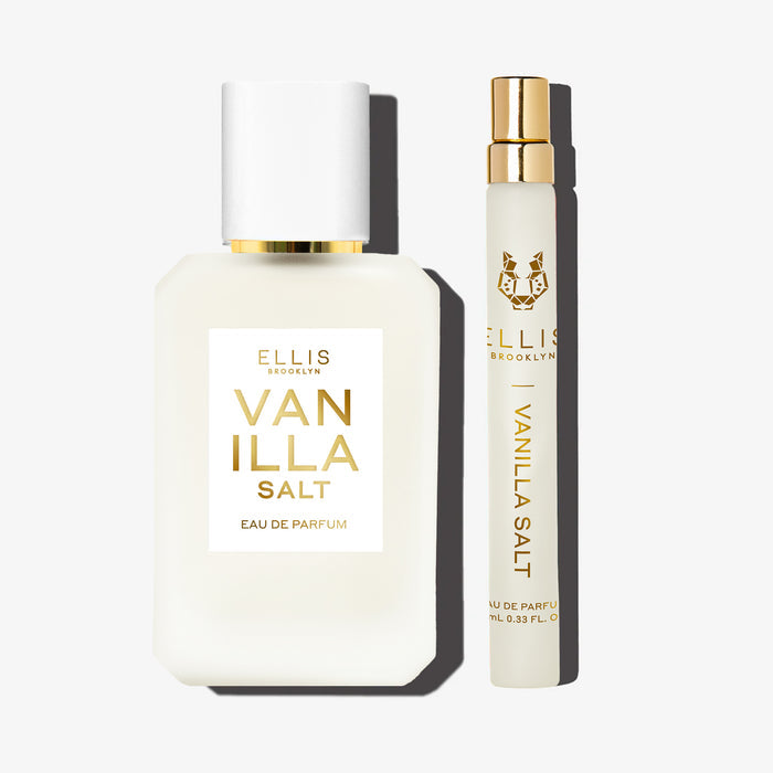 Vanilla Salt 50ml Eau De Parfum and Vanilla Salt 10ml Eau De Parfum Travel Spray on white background.