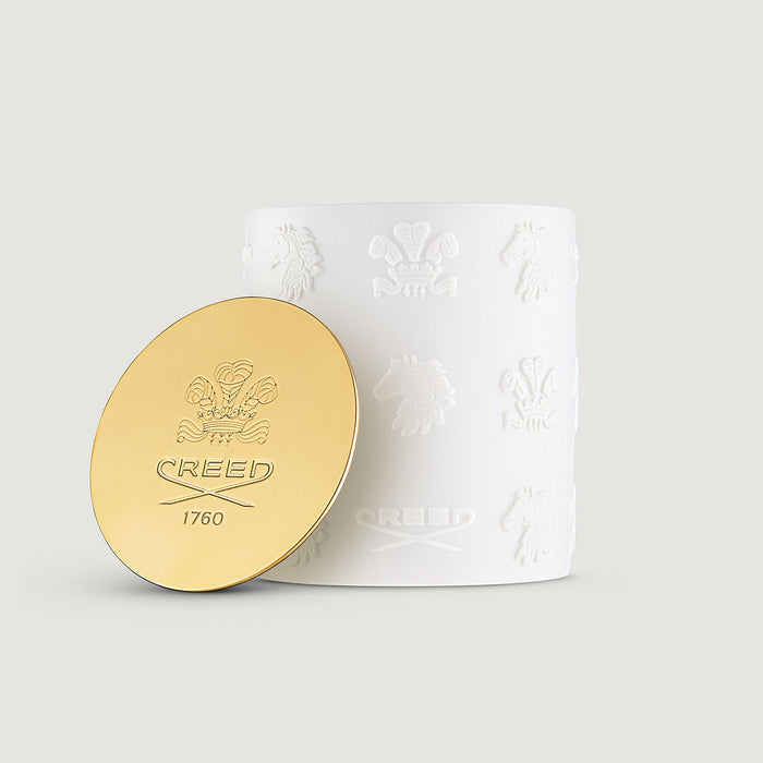 White Embossed Porcelain Cananga Candle with Gold Creed 1760 Lid - Front View | Creed Boutique