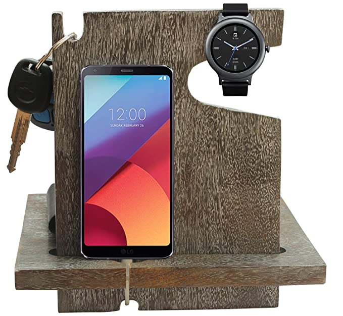 White Whale Wood Phone Docking Station with Key Holder, Wallet Stand and Watch Organizer Men's Gift MyFancyCraft Compatible with Any Phone