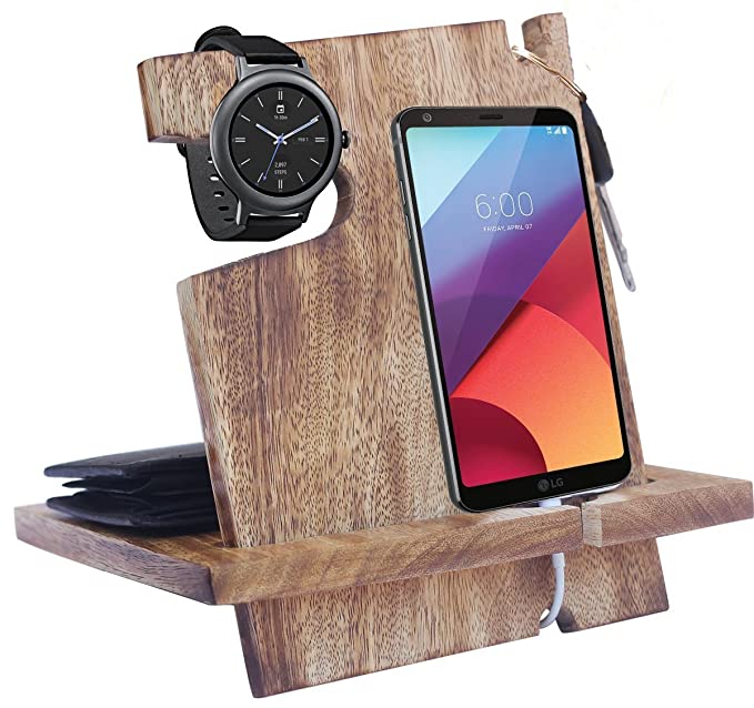 White Whale Wood Phone Docking Station with Key Holder, Wallet Stand and Watch Organizer Men's Gift MyFancyCraft Compatible with Any Phone