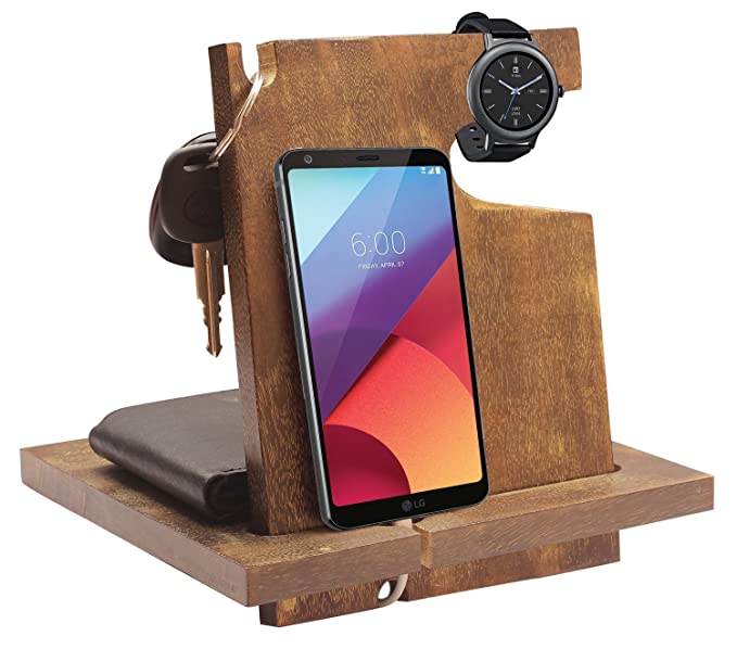 White Whale Wood Phone Docking Station with Key Holder, Wallet Stand and Watch Organizer Men's Gift MyFancyCraft Compatible with Any Phone