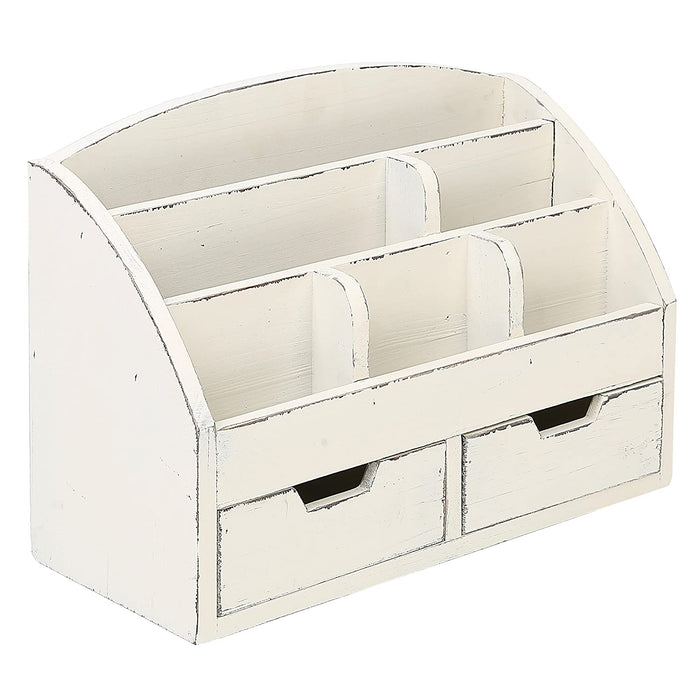 White Whale Wooden Desk Organizer, 6 Compartment 2 Drawer Supplies Rack