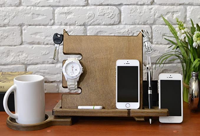 White Whale Wooden Docking Station, Desk organizer For Smartphone, Tablet, Watch, Wallet, Shades, Keys Coins, Handmade Men's Christmas Gift