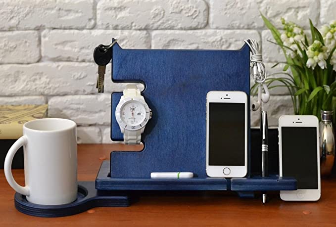 White Whale Wooden Docking Station, Desk organizer For Smartphone, Tablet, Watch, Wallet, Shades, Keys Coins, Handmade Men's Christmas Gift