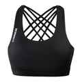 Black women's sports bra with criss-cross strappy back and medium scoop neckline, front view