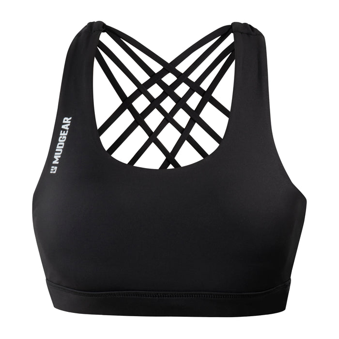 Black women's sports bra with criss-cross strappy back and medium scoop neckline, front view