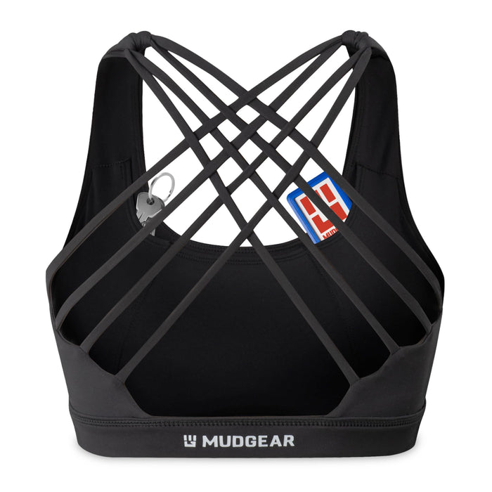 Black women's sports bra with criss-cross strappy back and hidden pockets, back view